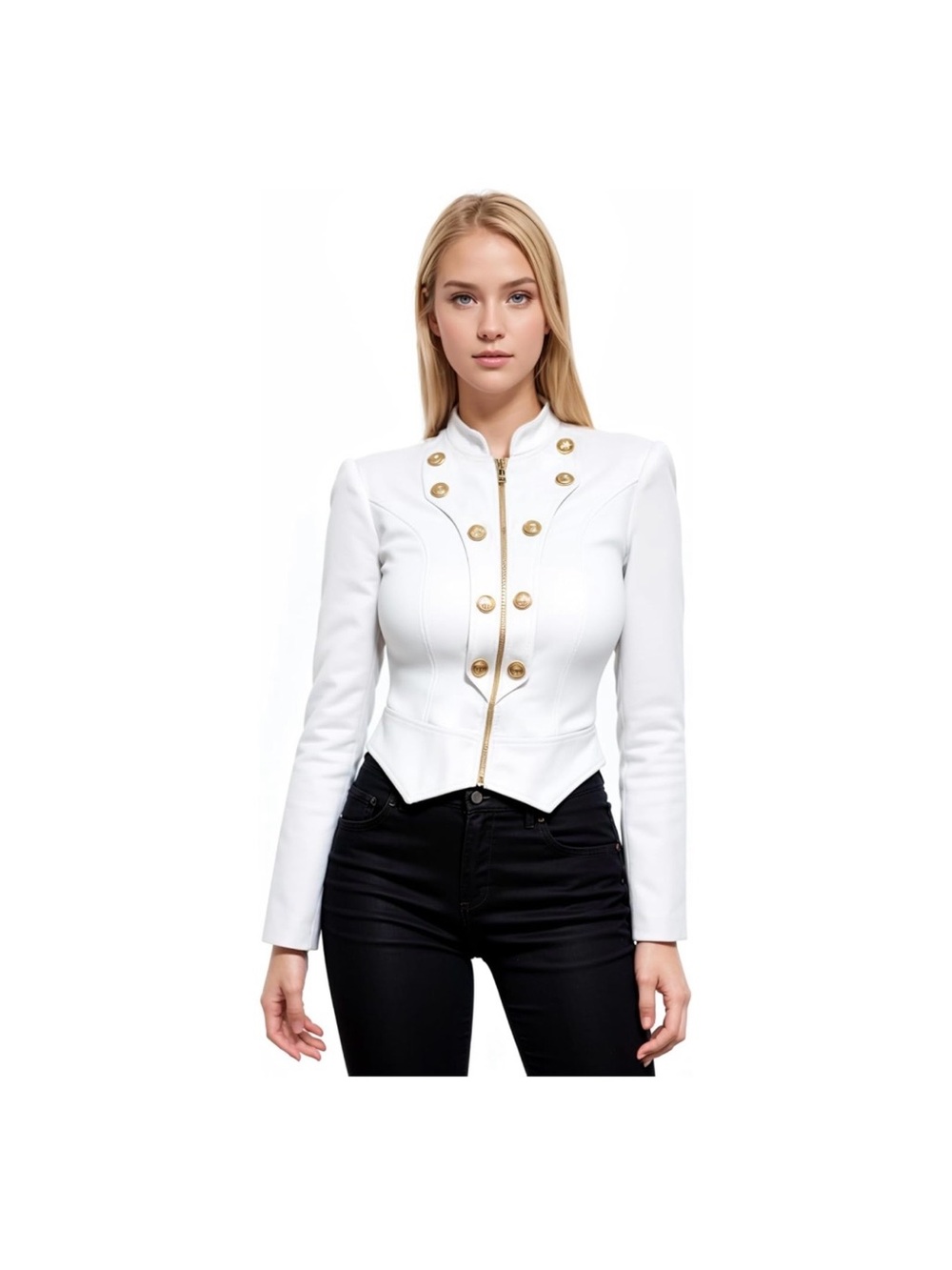 White Military-Style Women's Jacket with Gold Buttons